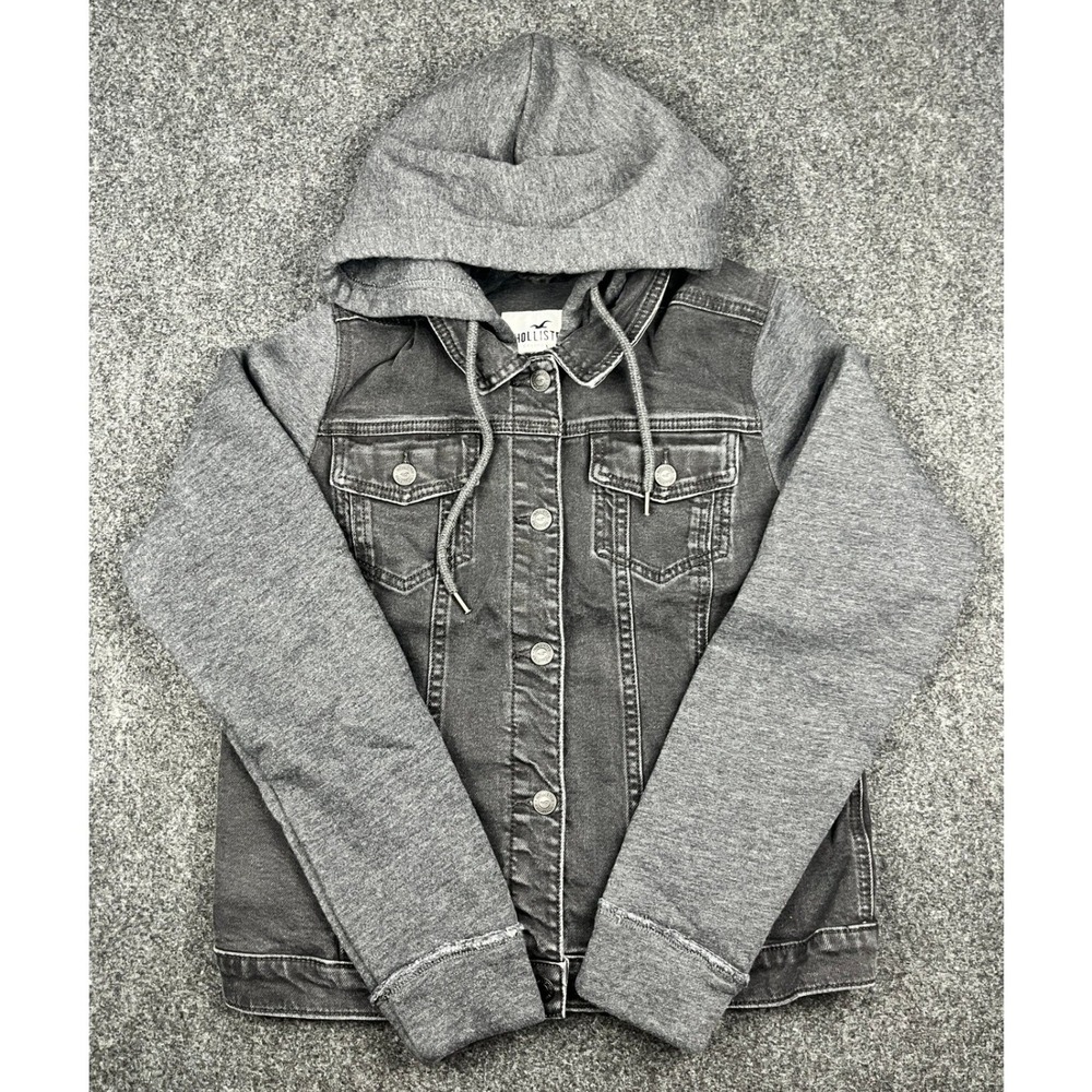 Hollister Mixed Media Denim Jacket Grey Hooded Jersey Sleeve Trucker Womens L